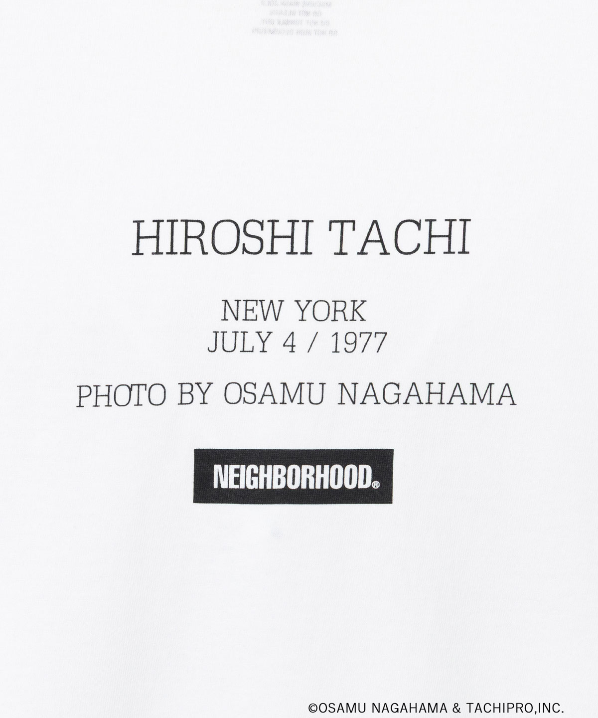 舘ひろしデビュー50周年記念ポップアップショップで販売される、NEIGHBORHOOD（ネイバーフッド）コラボTシャツのクレジット（サイズ：M、L、XL、XXL / 税込1万4300円）