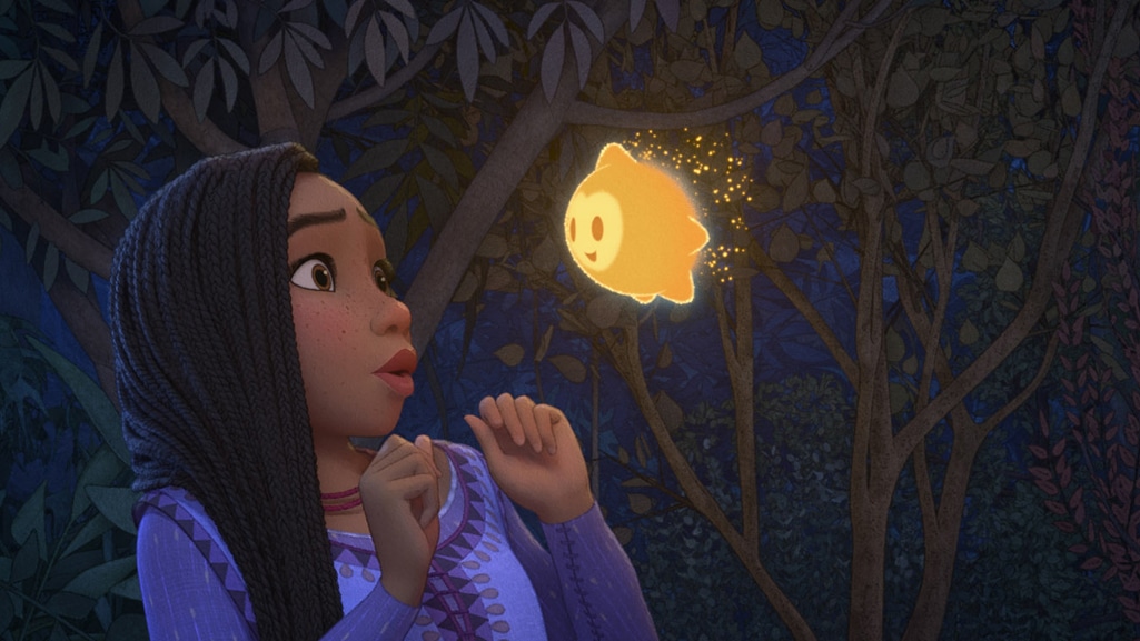 「ウィッシュ」アーシャ（左）の願いに応え、空から舞い降りた願い星スター（右）。魔法の力を持っており、心からの願いを叶えるのを助けてくれる。好奇心旺盛で、いたずら好き