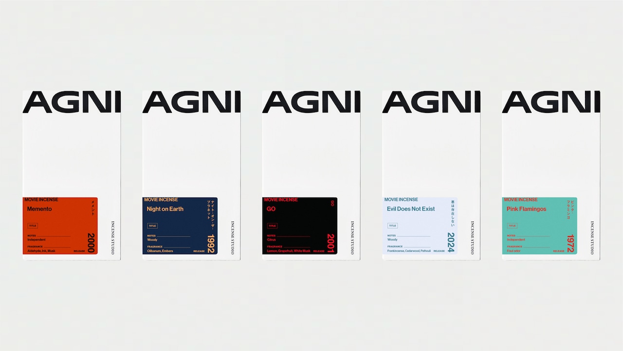 フレグランスブランドAGNIが展開する、映画の世界観をイメージしたインセンス（お香）のシリーズ「MOVIE INCENSE」新作のパッケージ。左から「メメント」「ナイト・オン・ザ・プラネット」「GO」「悪は存在しない」「ピンク・フラミンゴ」