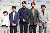 映画「しびれ」舞台挨拶の様子。左から穐本陽月、加藤庵次、北村匠海、榎本司、内山拓也