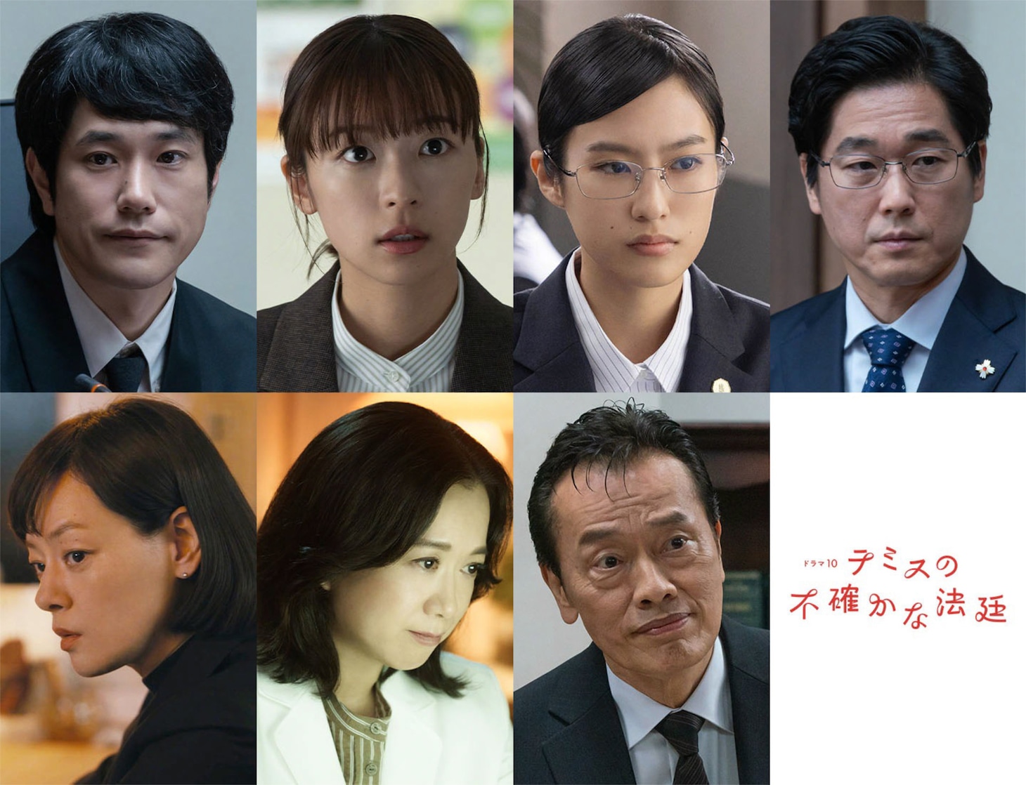 ドラマ10「テミスの不確かな法廷」キャスト。上段左から松山ケンイチ、鳴海唯、恒松祐里、山崎樹範。下段左から市川実日子、和久井映見、遠藤憲一