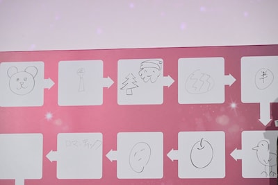 「ロマンティック絵しりとり」にて左上から時計回りにクマ（高橋恭平）→マイク（木村柾哉）→クリスマス（中島颯太）→スイカ（醍醐虎汰朗）→金（犬飼貴丈）→眠そうな鳥（西垣匠）→りんご（ゆうたろう）→ゴリラ（内藤秀一郎）→ロマンティックの文字（豊田裕大）