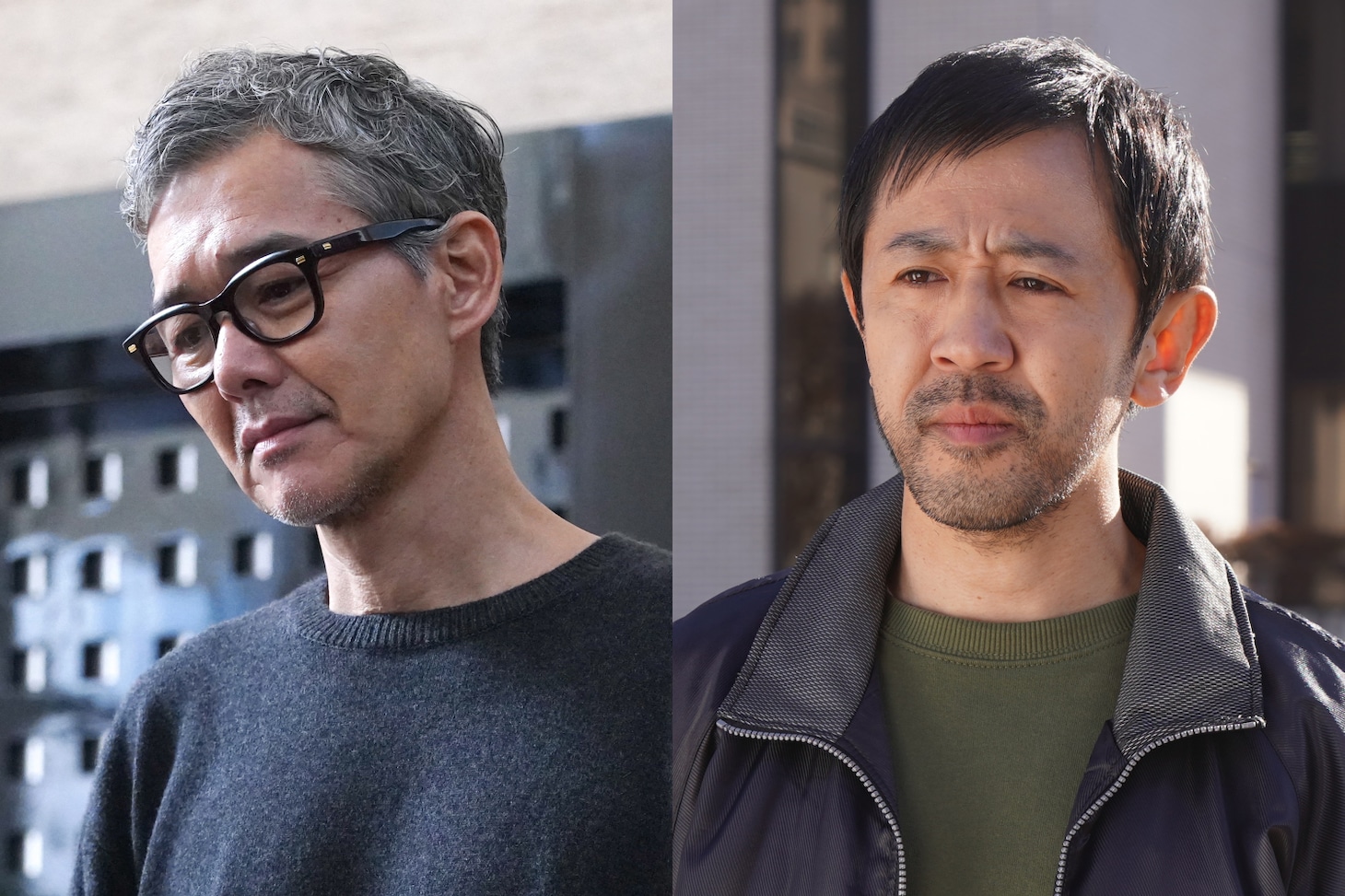 スペシャルドラマ「うちの弁護士はまたしても手がかかる」大御所俳優・伍代夏生を演じる渡部篤郎（左）、助監督・唐沢祐希を演じる濱津隆之（右）