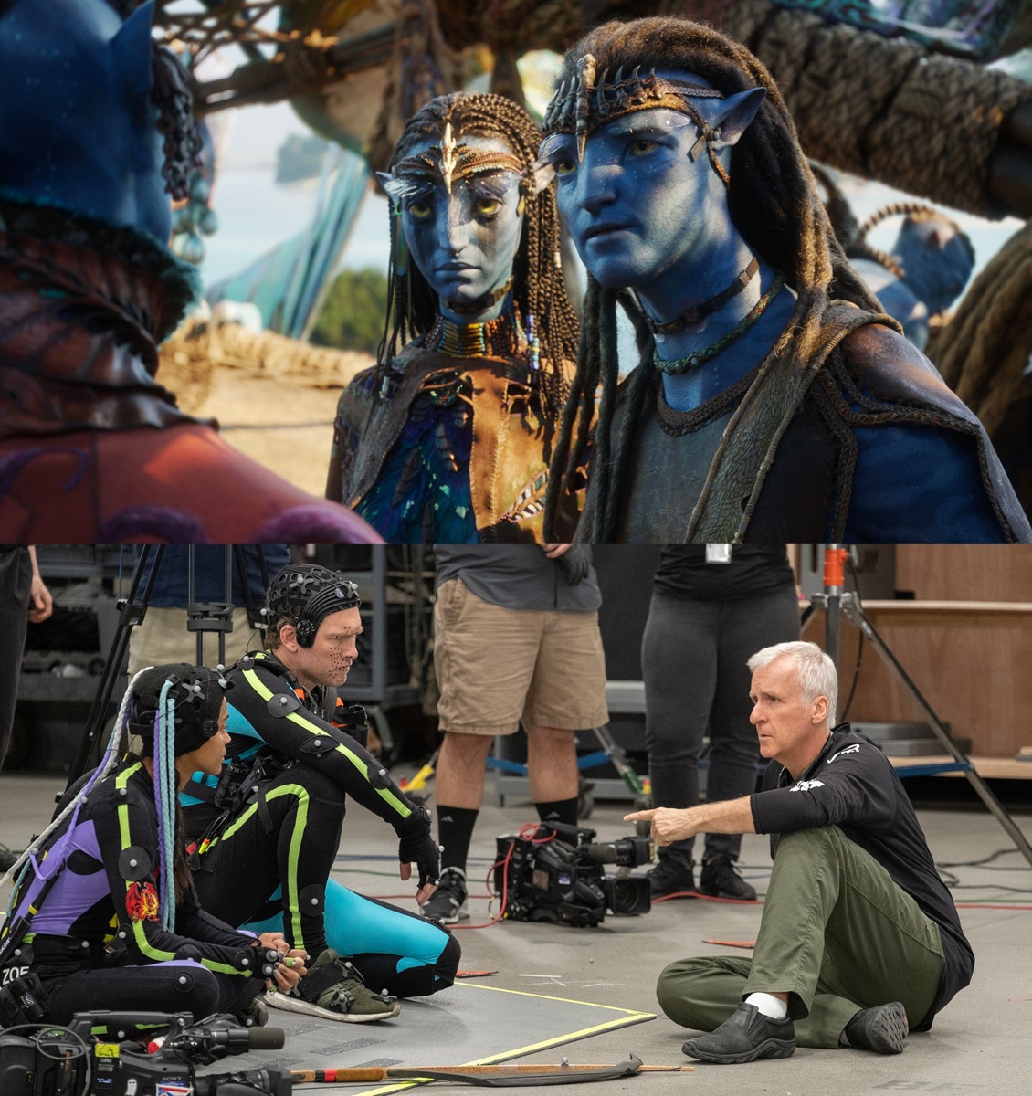 「アバター：ファイヤー・アンド・アッシュ」場面写真（上）、メイキングカット（下）