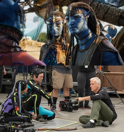 「アバター：ファイヤー・アンド・アッシュ」場面写真（上）、メイキングカット（下）