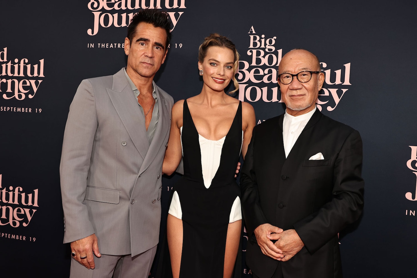 「ビューティフル・ジャーニー ふたりの時空旅行」に出演したコリン・ファレル（左）とマーゴット・ロビー（中央）、音楽を担当した久石譲（右）