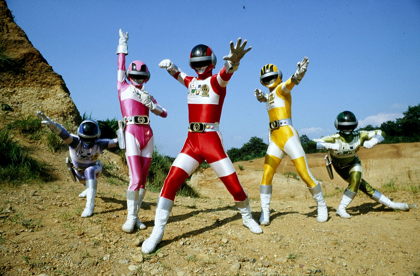 超電子バイオマン。左からブルースリー、ピンクファイブ、レッドワン、イエローフォー、グリーンツー ©東映