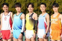 10月スタートの日本テレビ系ドラマ「俺たちの箱根駅伝」学生役のキャスト。左から左から諌山天馬役の菅生新樹、村井大地役の樋之津琳太郎、峰岸蓮役の相馬理、咲山巧役の山崎雄大、渡瀬拓役の旭惟吹