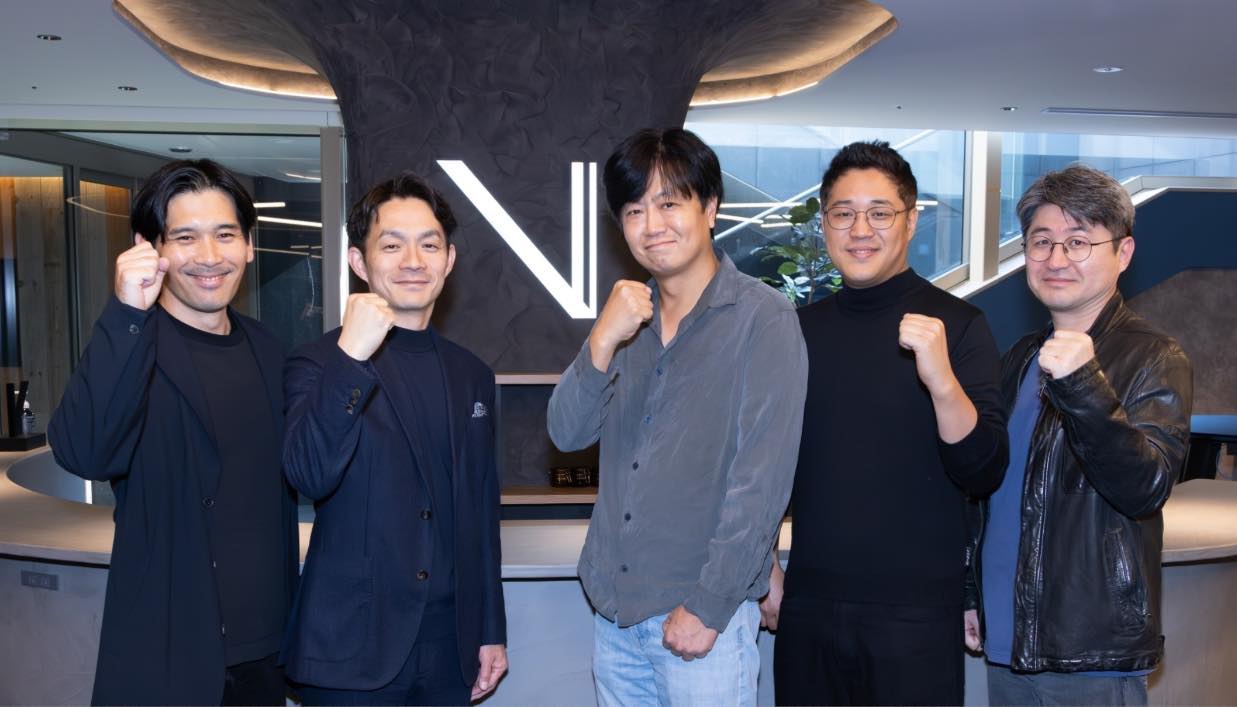 左からTHE SEVENの赤羽智史CVO（チーフVFXオフィサー）、瀬戸口克陽CEO、M83のチョン・ソンジンCEO、ユン・ラウルCSO、Mortarheaddのノ・グクテCEO