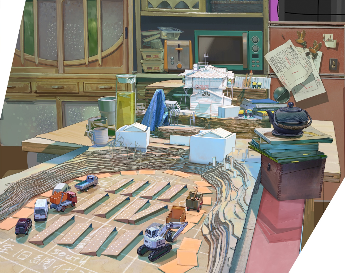 帯刀家周辺をダンボールで再現したミニチュアセット（イラスト）