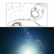 「トゥギャザー」監督のマイケル・シャンクスによる画コンテと本編画像。コンテのラフさにシャンクスの疲労がにじんでいる