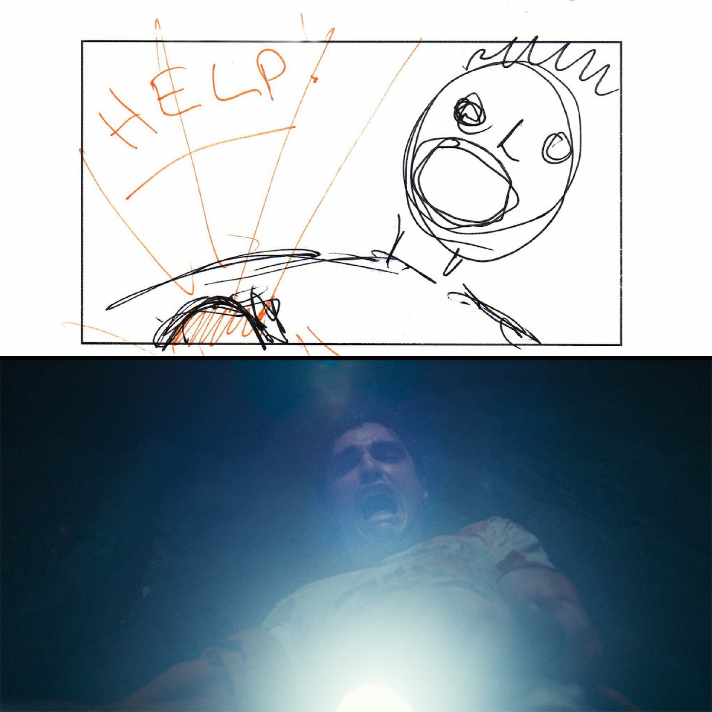 「トゥギャザー」監督のマイケル・シャンクスによる画コンテと本編画像。コンテのラフさにシャンクスの疲労がにじんでいる