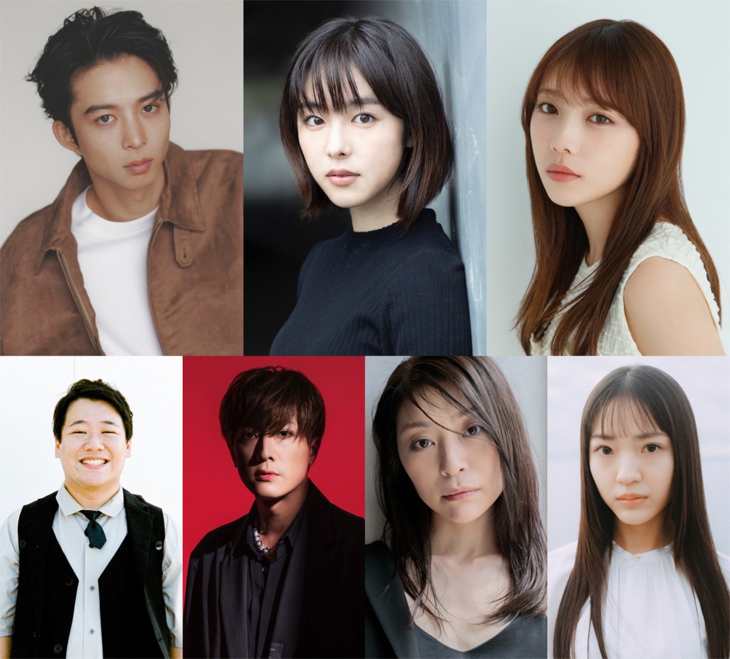 「君が死刑になる前に」新キャスト。上段左から鈴木仁、唐田えりか、与田祐希。下段左からニシダ・コウキ、内博貴、内田慈、伊礼姫奈