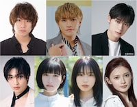 「サレタ側の復讐～同盟を結んだ妻たち～」新キャスト。上段左から落合モトキ、二階堂高嗣、髙松アロハ。下段左から増子敦貴、小西桜子、矢野ななか、青島心