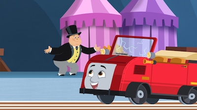 「映画 きかんしゃトーマス いっしょに歌おう！ドレミファ♪ソドー島」場面カット。イモトが声を当てるレール点検車・ウィンストン（右）