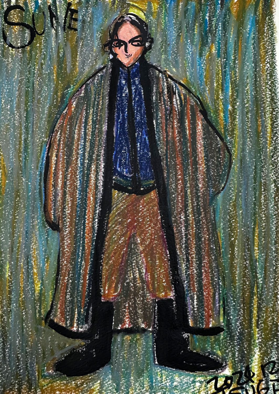 映画「脛擦りの森（すねこすりのもり）」より、柘植伊佐夫による若い男のデザイン画（ドテラ姿）.