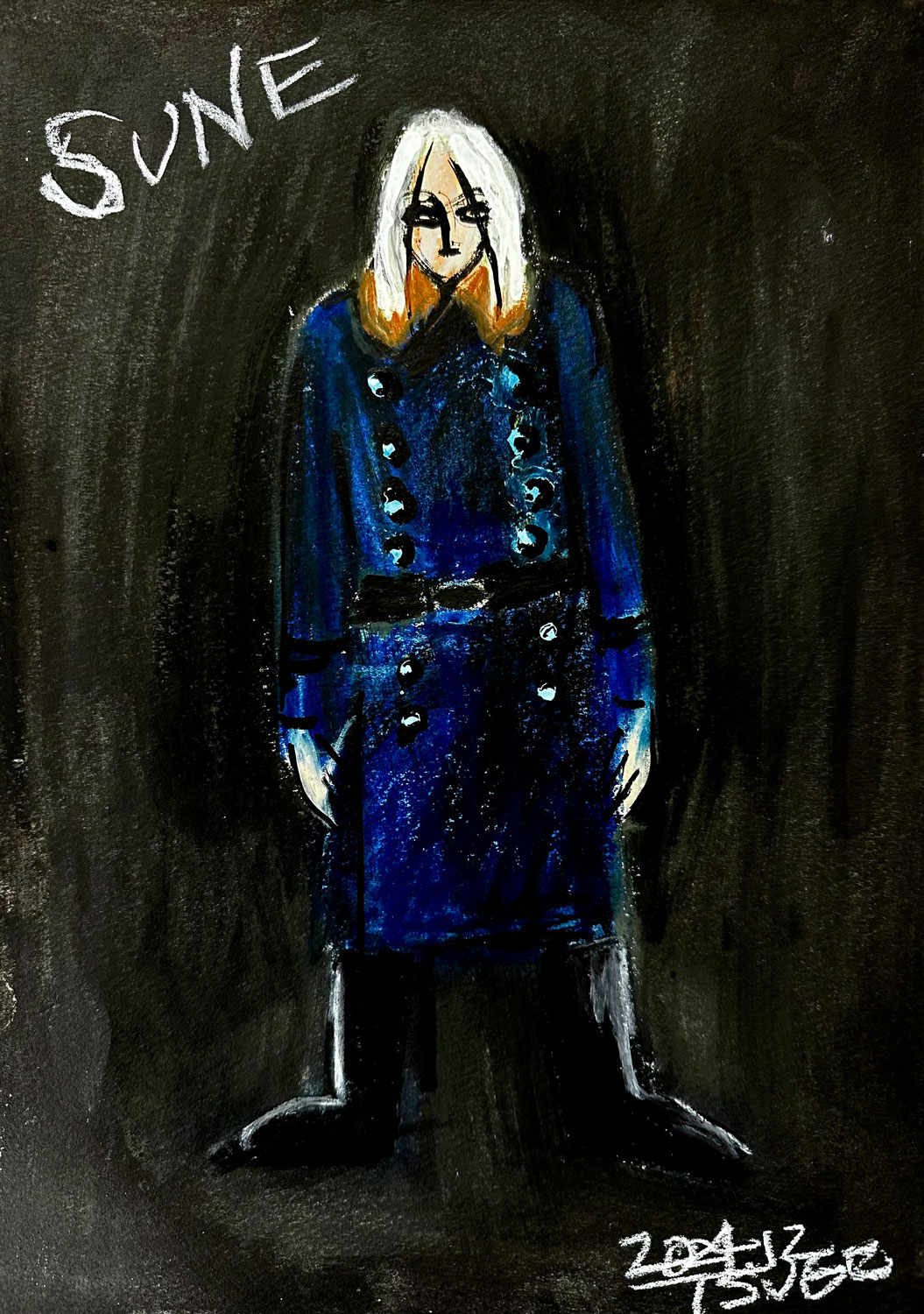 映画「脛擦りの森（すねこすりのもり）」より、柘植伊佐夫による謎の男のデザイン画（コート姿）.