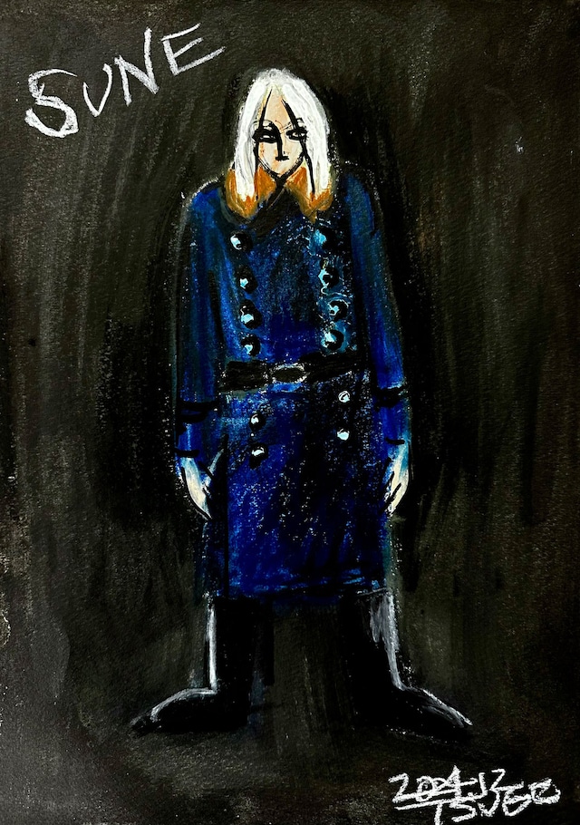 映画「脛擦りの森（すねこすりのもり）」より、柘植伊佐夫による謎の男のデザイン画（コート姿）.