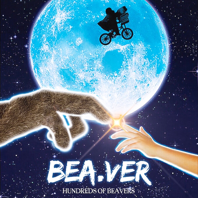 映画「FEVER ビーバー！」より、「E.T.」のパロディポスター。自転車で飛んでるほうもビーバーのフォルム