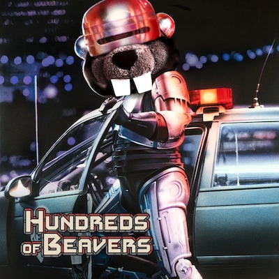 映画「FEVER ビーバー！」より、「ロボコップ」のパロディポスター。全身サイボーグのビーバー