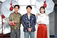 「おしゃれクリップ」4月12日放送回の様子。左から山崎育三郎、磯村勇斗、井桁弘恵