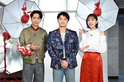 「おしゃれクリップ」4月12日放送回の様子。左から山崎育三郎、磯村勇斗、井桁弘恵