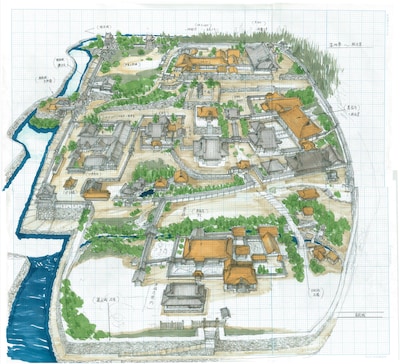 映画「黒牢城」より、有岡城の全体マップ（作成：美術担当・原田哲男 / ※ロケ地をすべてまとめた場合の有岡城の想定図）