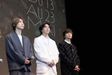 「我々は宇宙人」第79回カンヌ国際映画祭でのワールドプレミアの様子。左から門脇康平、坂東龍汰、岡山天音 ©︎Kaede Wakayama