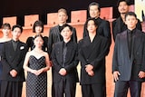 映画「キングダム 魂の決戦」ワールドプレミアにて、前列左から志尊淳、橋本環奈、吉沢亮、山﨑賢人、小栗旬。後列左から山下美月、蒔田彩珠、玉木宏、豊川悦司、坂口憲二