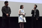 「NEW GROUP」公開記念舞台挨拶の様子。左からピエール瀧、山田杏奈、青木柚