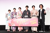 映画「山口くんはワルくない」の“夏の青春先取り舞台挨拶”の様子。左から上原あまね、上坂樹里、髙橋ひかる、高橋恭平（なにわ男子）、岩瀬洋志、守屋健太郎
