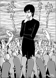 伊藤潤二が描き下ろした実写化お祝いイラスト。原作キャラクターの"四つ辻の美少年"にテレ東のバナナ社員・ナナナが群がる様子を描いた ©ジェイアイ／朝日新聞出版