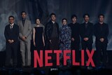 Netflixシリーズ「ガス人間」配信記念イベントの様子。左からヨン・サンホ、UTA、広瀬すず、小栗旬、蒼井優、林遣都、竹野内豊、片山慎三