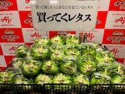 “藤原竜也の顔フィルム”に包まれたレタスが販売される様子