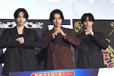 「キングダム 魂の決戦」特大ヒット御礼舞台挨拶の様子。左から志尊淳、山﨑賢人、神尾楓珠