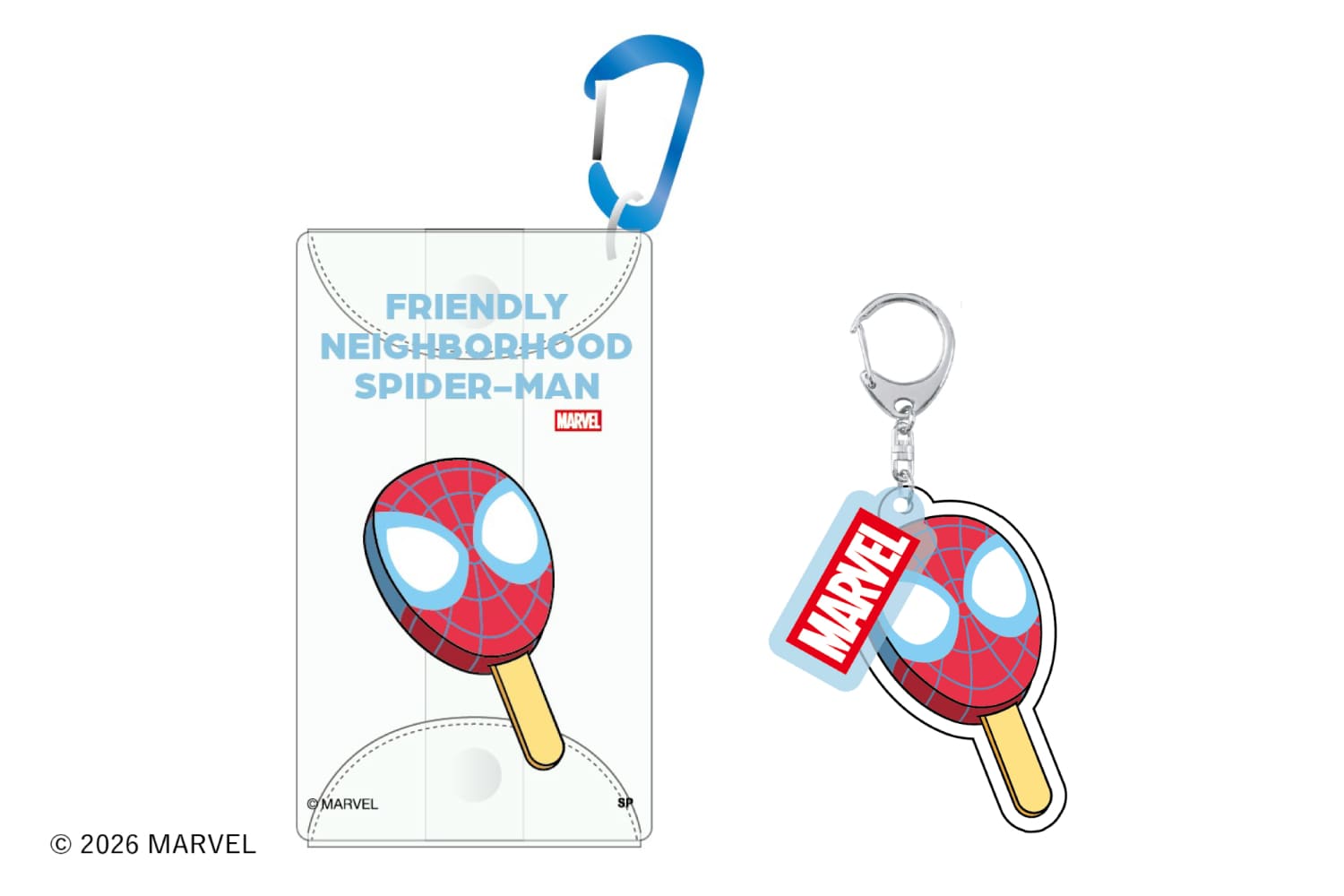 スパイダーマン アイスクリーム アクリルキーホルダー スパイダーマン／アイスクリーム／ビニールポーチ」（左 / 税込1100円