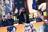 「ストリートファイター／ザ・ムービー」日本凱旋 特別イベントの様子。左からアンドリュー小路、ジェイソン・モモア、カリーナ・リャン