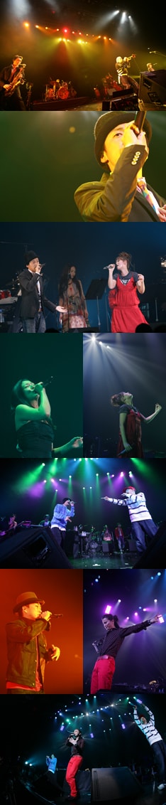 「AP BANG!」1日目の出演者たち。上からPE'Z（1段目）、GAKU-MC（2段目）、新曲「あしあと」を熱唱する絢香＆GAKU-MC（3段目）、小泉今日子（4段目左）、絢香（4段目右）、スチャダラパー（5段目）、SEAMO（6段目左）、KREVA（6段目右）、「今夜はブギー・バック」を共演したKREVAとスチャダラパー（7段目）。