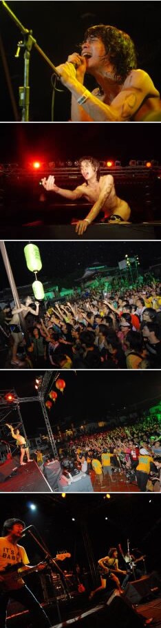 初の台湾ライブで堂々としたステージを見せつけた銀杏BOYZ。峯田の右腕には「HATE」、左腕には「LOVE」の文字がマジックで書かれていた。（撮影：村井香）