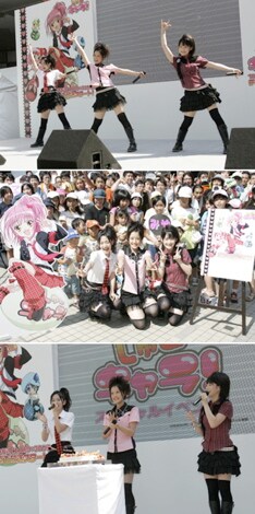 ちなみにこのステージでは、8月25日に15歳の誕生日を迎える夏焼（中央）のために、嗣永（右）と鈴木（左）が内緒でケーキを用意。ファンと一緒に「Happy Birthday」を歌ってお祝いするという、サプライズも用意されていた。