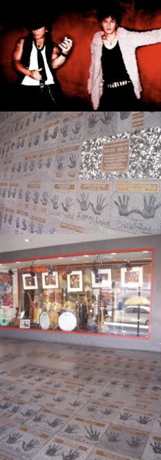 「Hollywood's Rock Walk」（写真中・下）は1985年に、ハリウッドの中心に位置するギター・センター・ストアに設立。サイン入りプレートと手形のほか、館内には貴重なギターなども展示されている。