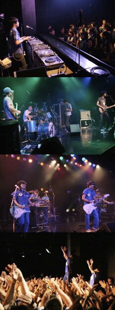 写真は上からDJハヤシ、OGRE YOU ASSHOLE、POLYSICS、ハヤシ不法集会。不法集会では出演者とオーディエンスによる「Xポーズ」で、この日最高の一体感を得た。