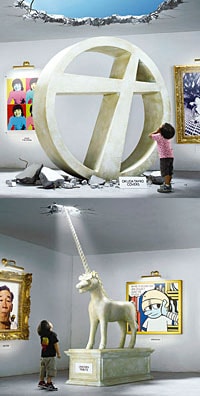 上から「奥田民生・カバーズ」「ユニコーン・トリビュート」のジャケット写真。往年のファンには懐かしいアイテムが展示されている。