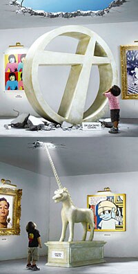 上から「奥田民生・カバーズ」「ユニコーン・トリビュート」のジャケット写真。往年のファンには懐かしいアイテムが展示されている。