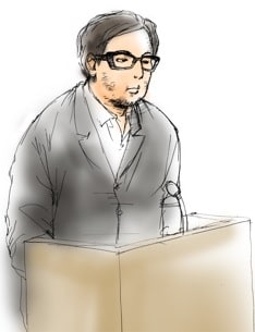 岡村被告は黒縁メガネ、白いシャツに黒のスーツを着用。終始かすれた小さな声で供述を行った。自身の職業について聞かれ「音楽家です。人々に元気を与えて勇気づけたり幸せになってもらう。そういう仕事だと思っています」と発言する場面も。