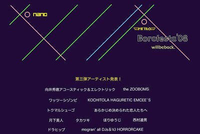 各アーティストの出演日割はボロフェスタWEBサイトにて近日発表予定。なお、ボロフェスタ発行のメールマガジンではいち早く情報が届けられているので、気になる人は登録しておくことをオススメする。