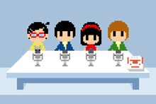 写真はインタビューの様子。左からDE DE MOUSE、YMCK・除村武志、YMCK・栗原みどり、YMCK・中村智之、ファミリーコンピュータ。