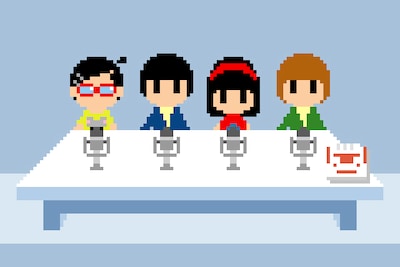 写真はインタビューの様子。左からDE DE MOUSE、YMCK・除村武志、YMCK・栗原みどり、YMCK・中村智之、ファミリーコンピュータ。