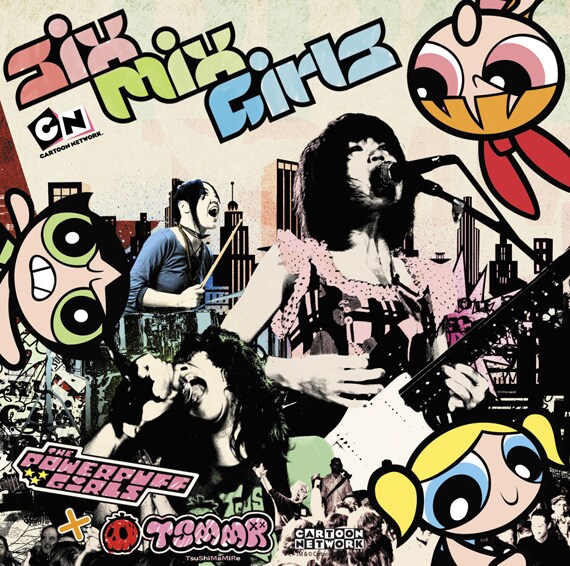 みずえ（Dr）、まり（Vo,G）、やよい（B）とブロッサム、バブルス、バターカップのコラボが実現した「Six Mix Girls」国内盤ジャケット。