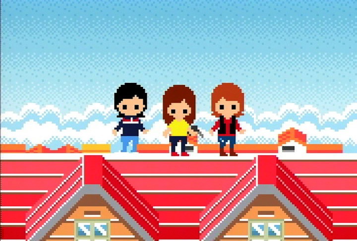 3人の特徴をとらえたドット絵。ビデオクリップ内ではこの姿で軽快に画面を駆け回る。
